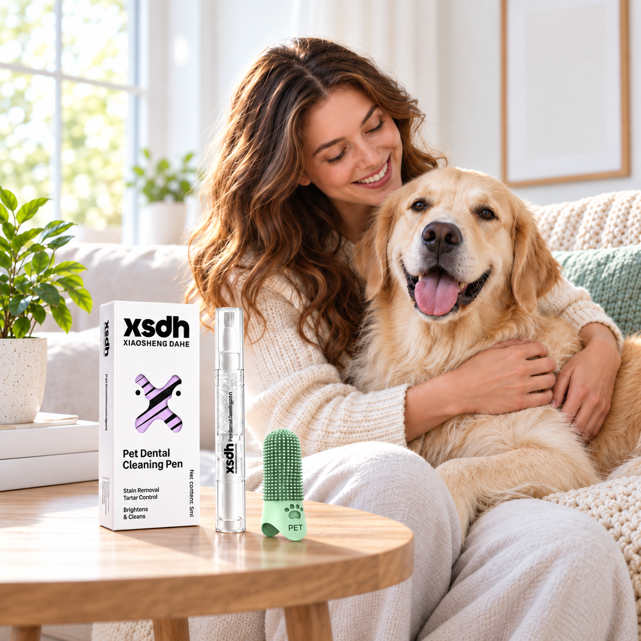 SmilePaws CalmClean at-home dental care with a happy dog and owner